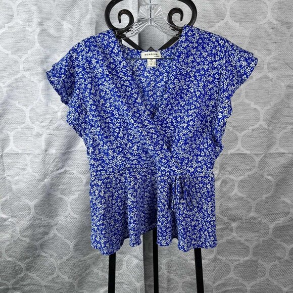 Monteau Los Angeles Blue Floral Surplice Peplum Top – Size L - Picture 1 of 8